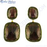 Load image into Gallery viewer, Gold finish dangle earrings with large, square-cut ruby gemstones, perfect for women.
