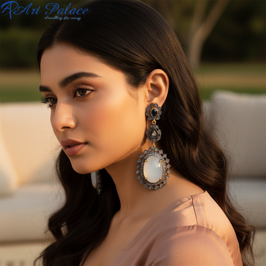 Oxidized Silver Moonstone Drop Earrings for Women | Dangle Earrings