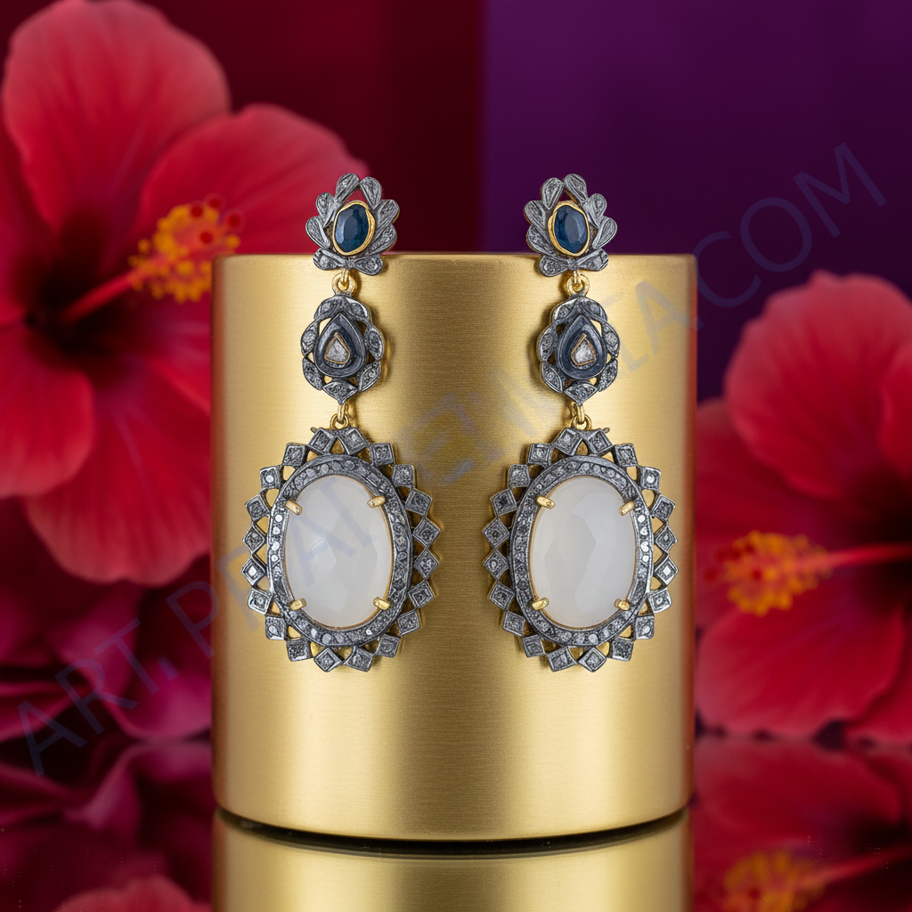 Oxidized Silver Moonstone Drop Earrings for Women | Dangle Earrings