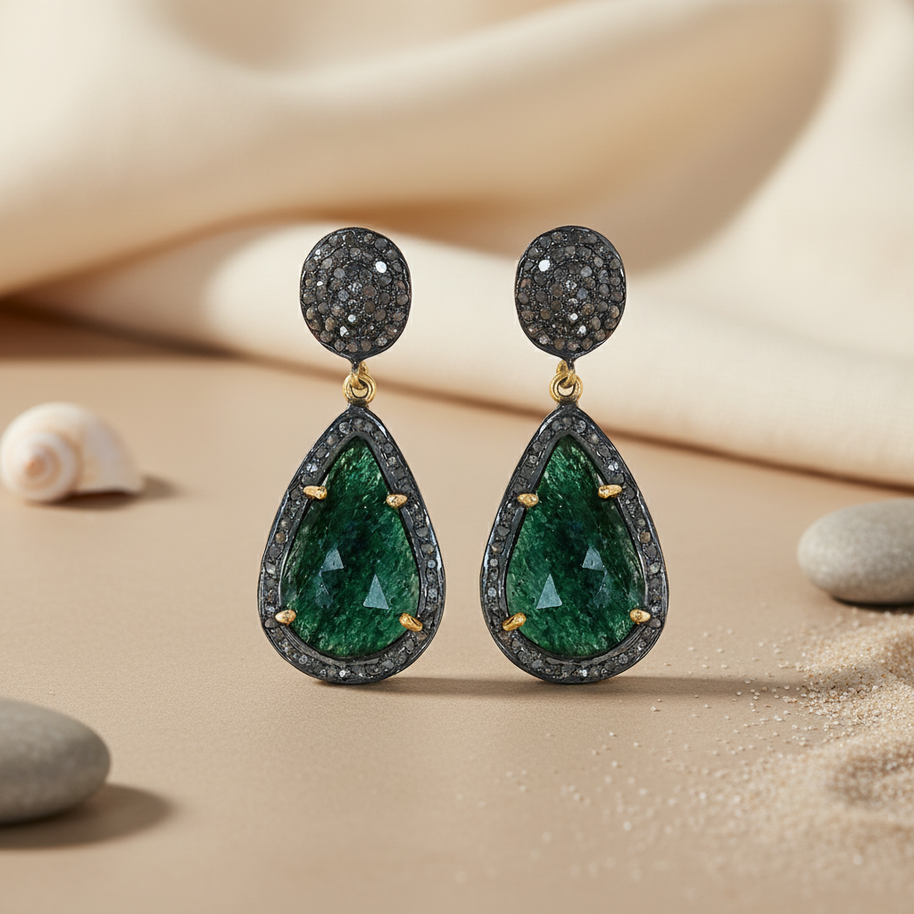 Emerald Teardrop Dangle Earrings | Black Rhodium Diamonds | For Women