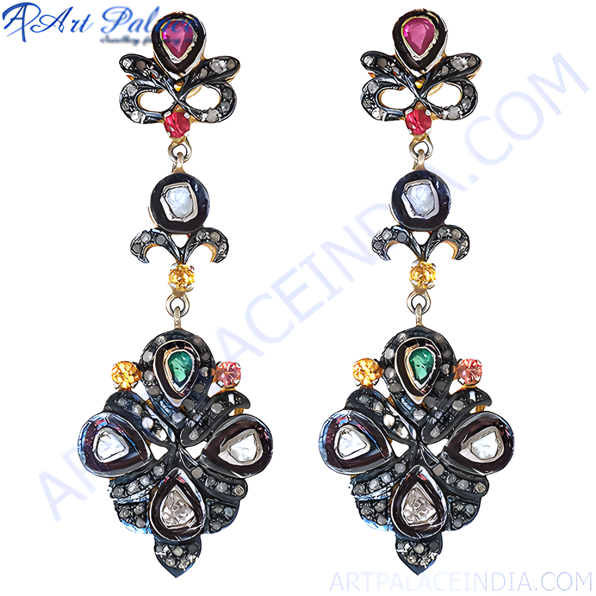 Vintage dangle earrings with ruby, emerald, and diamond gemstones in an intricate design