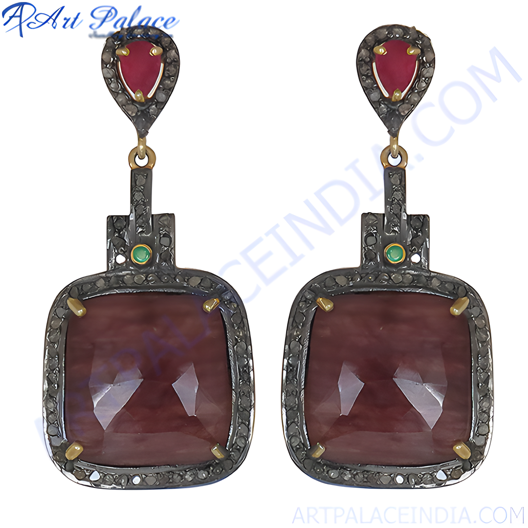 925 silver dangle earrings with ruby gemstones, diamonds, and emerald accents, perfect for women.