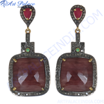 Load image into Gallery viewer, 925 silver dangle earrings with ruby gemstones, diamonds, and emerald accents, perfect for women.
