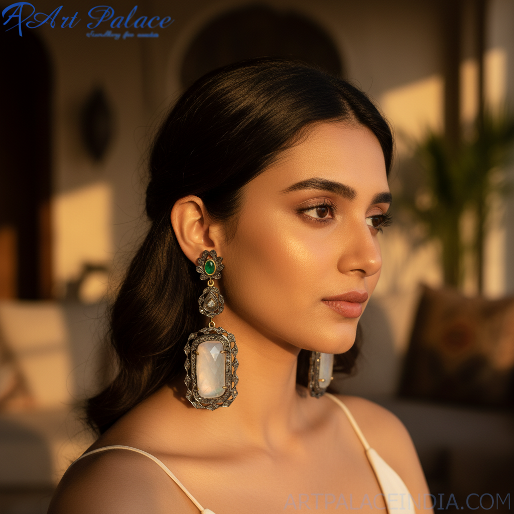 Moonstone Drop Earrings with Emerald Accents | Women's Jewelry