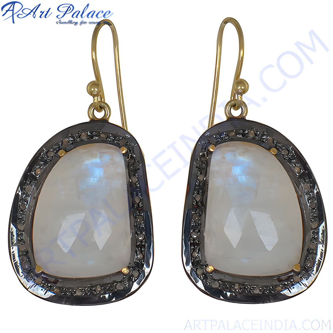 Moonstone drop earrings with black rhodium and gold plating finish hook. Featuring natural moonstone gemstones.