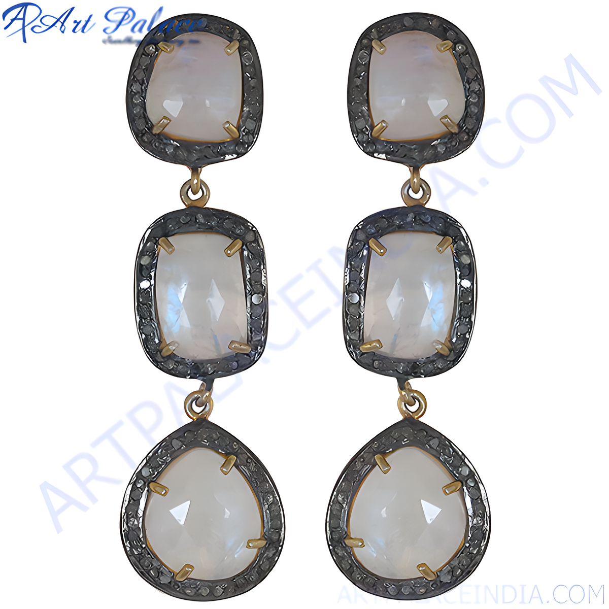 Silver moonstone drop earrings with white gemstones, perfect for women