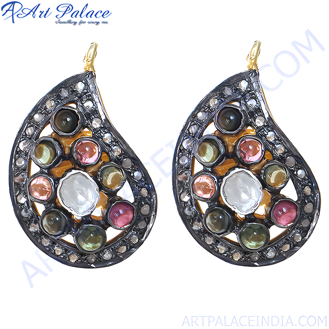 Multi-gemstone teardrop earrings with a silver frame, featuring various colorful gemstones and a gold plating hook.