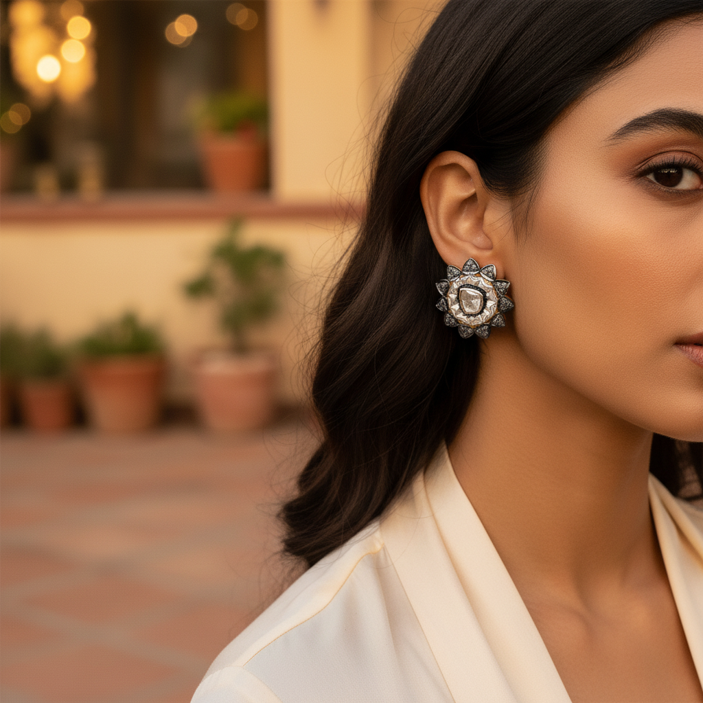 gold plating & Diamond Flower Stud Earrings | Women's Jewelry Gift