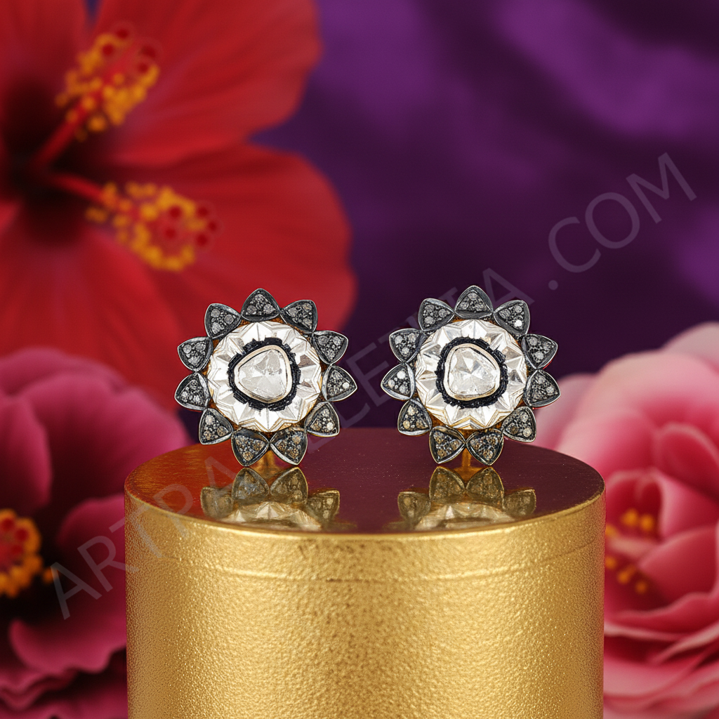 gold plating & Diamond Flower Stud Earrings | Women's Jewelry Gift