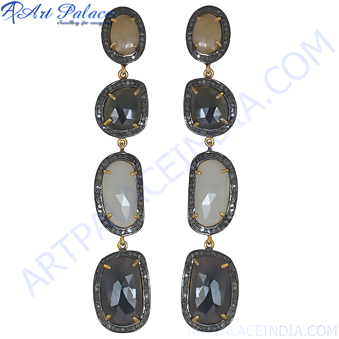 Elegant dangle earrings featuring oval and irregular natural stones, set in a silver metal