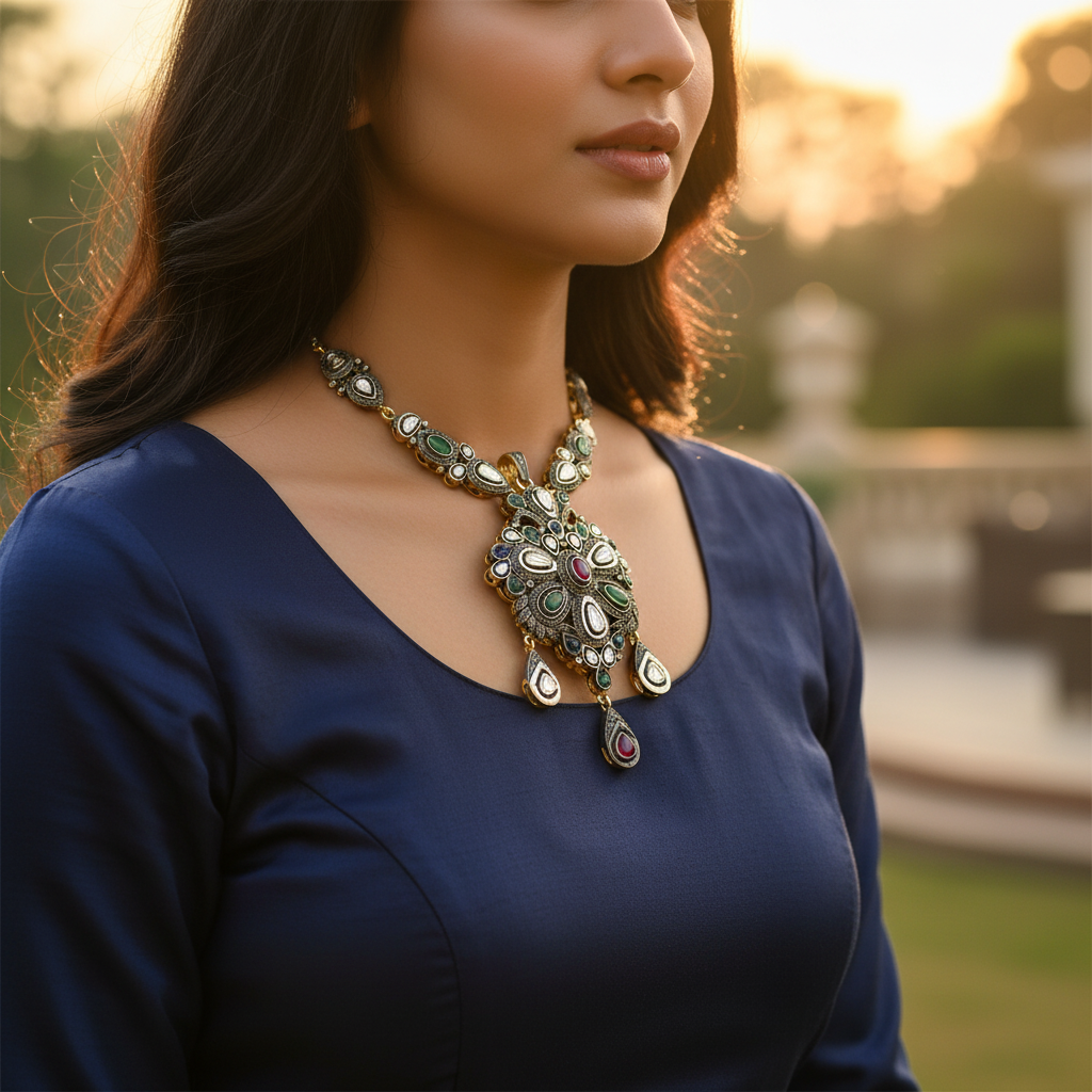 Silver Emerald Ruby Pendant | Vintage Style Jewelry for Women