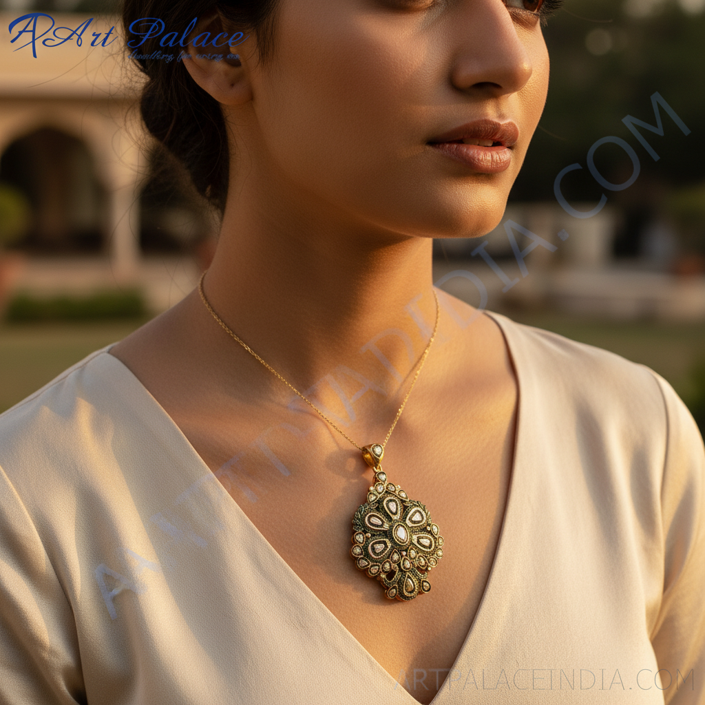 Gold Floral Pendant for Women | Diamond Cluster Design