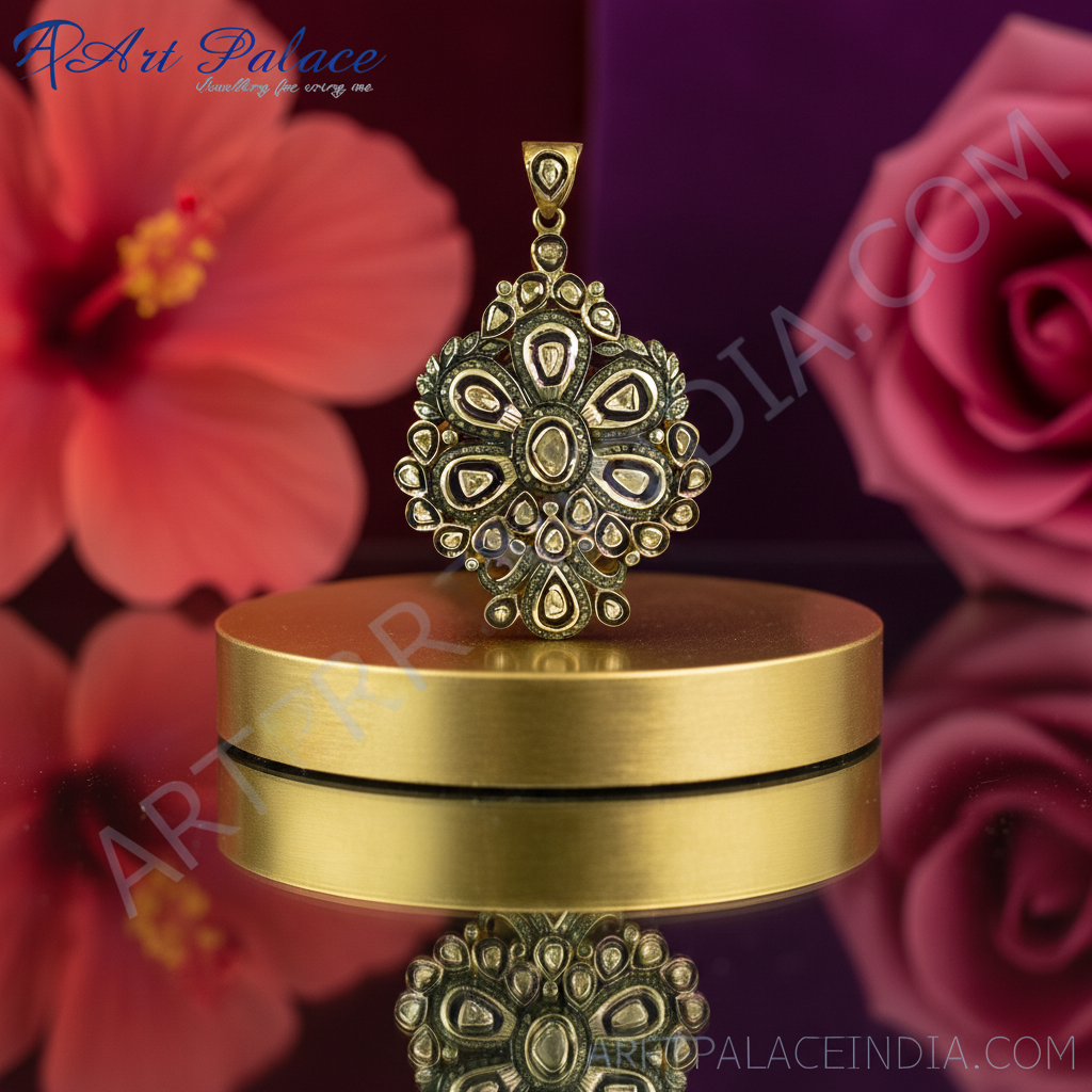 Gold Floral Pendant for Women | Diamond Cluster Design