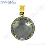 Load image into Gallery viewer, Gold pendant featuring a large round cut sapphire gemstone surrounded by diamonds.
