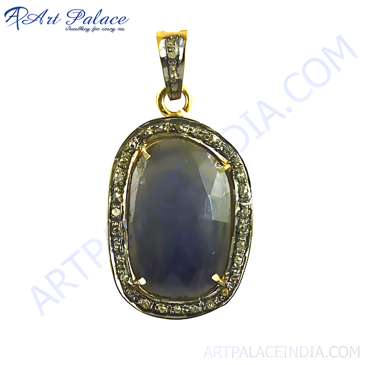 Oval sapphire and diamond pendant in gold setting
