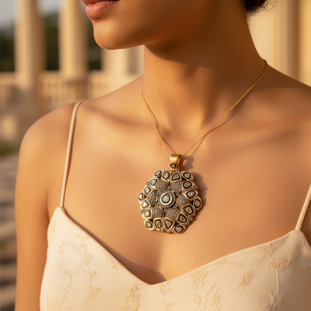 gold plating Diamond Cluster Pendant | Floral Design | Women's Jewelry