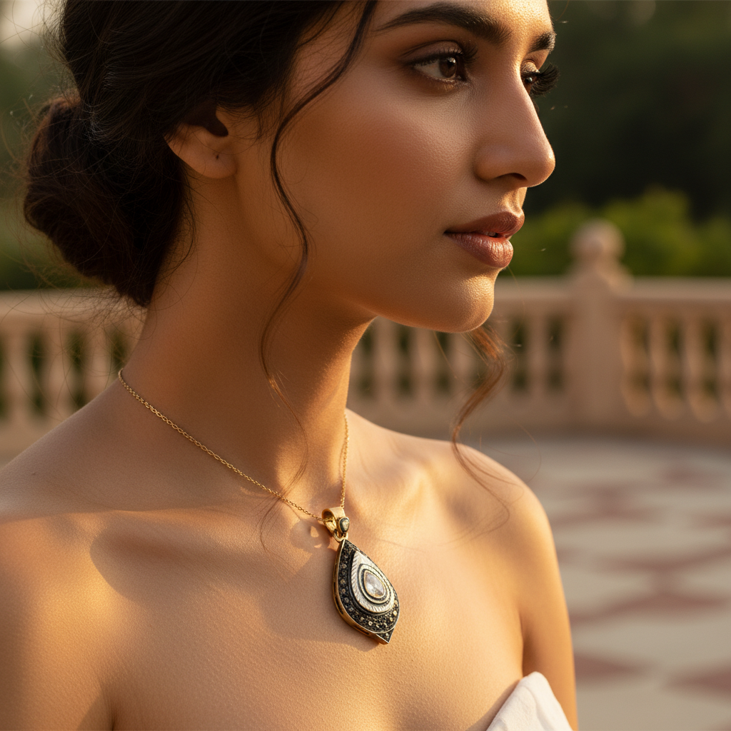 Gold Pear-Shaped Pendant with Mother of Pearl and Diamonds