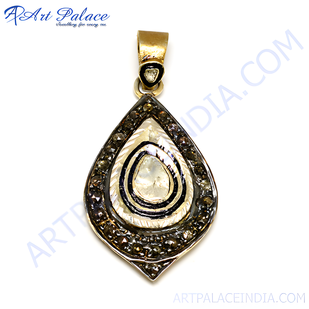 Gold pear shaped pendant with mother of pearl and diamond accents, a luxurious jewelry piece.