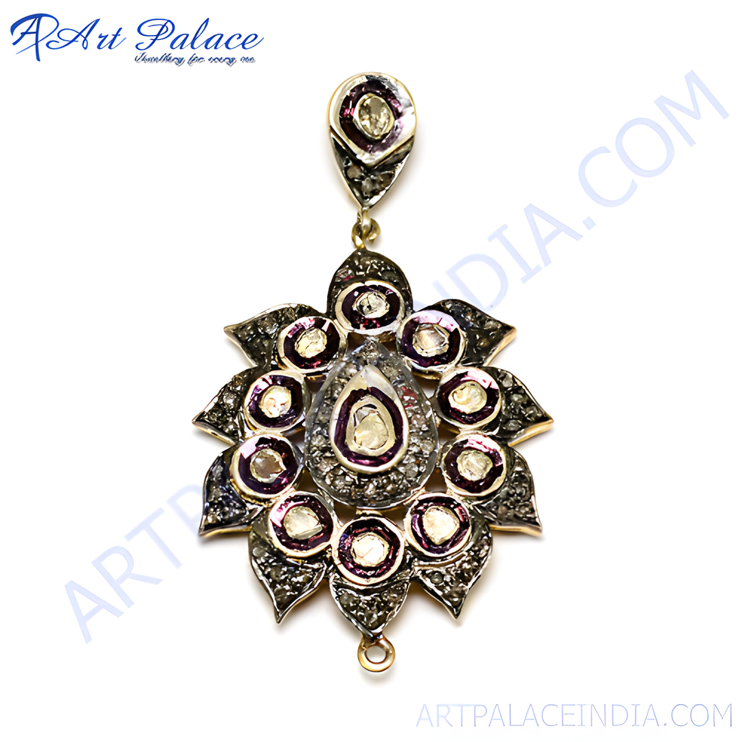 Vintage style diamond floral pendant with detailed design and gemstone accents.