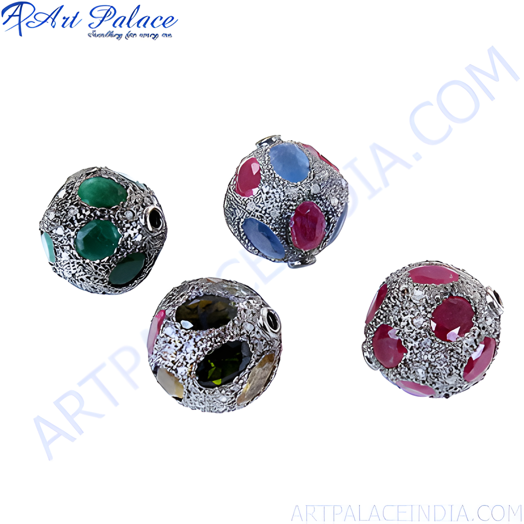 Silver charm beads with colorful gemstones, perfect for bracelets and jewelry making, vibrant and eye-catching.