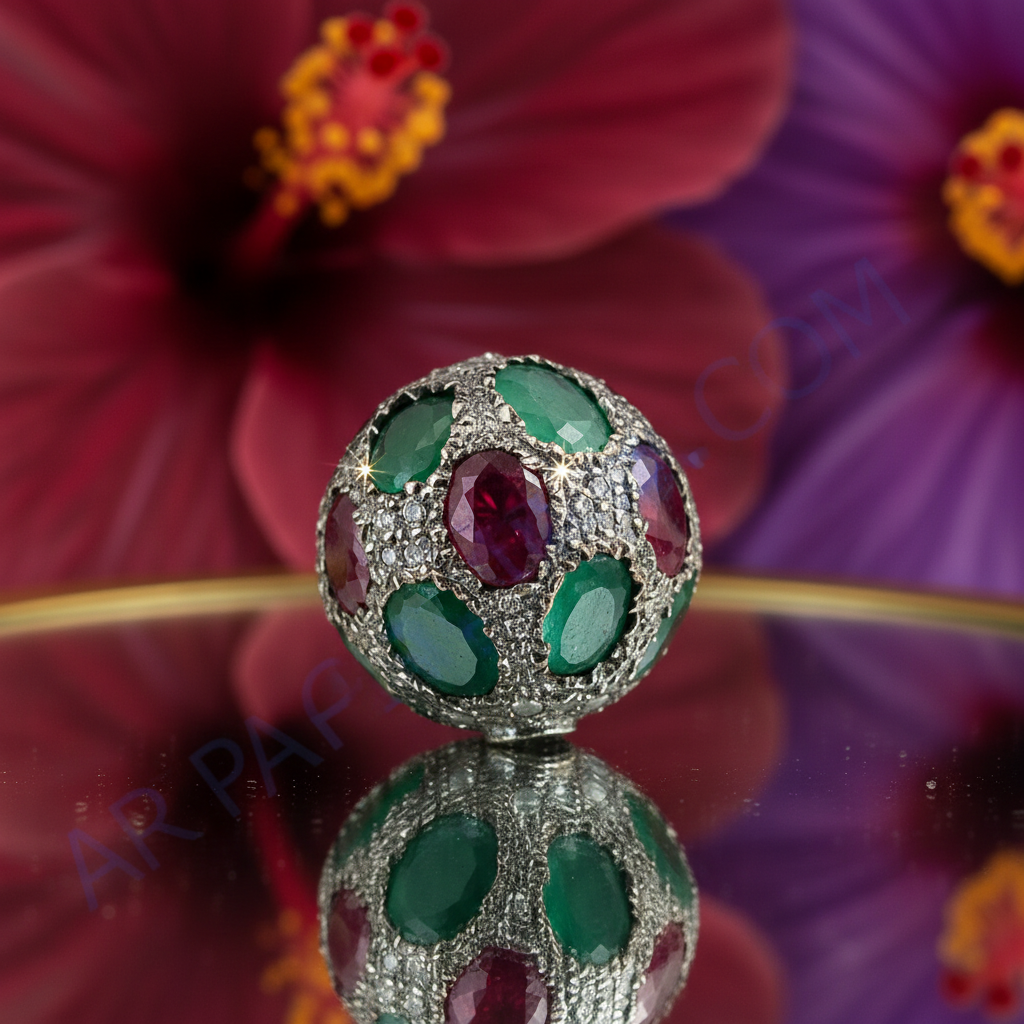 Gemstone Beaded Ball Pendant | Silver Ruby Emerald Jewelry