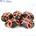 Load image into Gallery viewer, Black finish beads with ruby and diamond gemstones in gold plating, perfect for jewelry making
