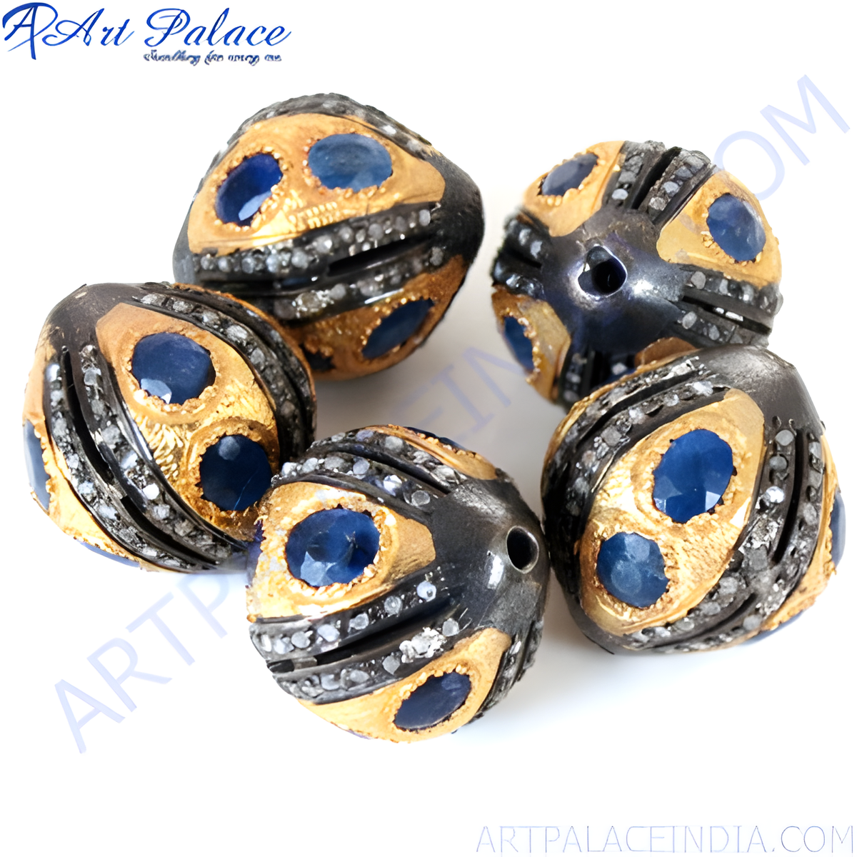 Oxidized silver beads with gold accents and blue sapphire gemstones, perfect for jewelry making