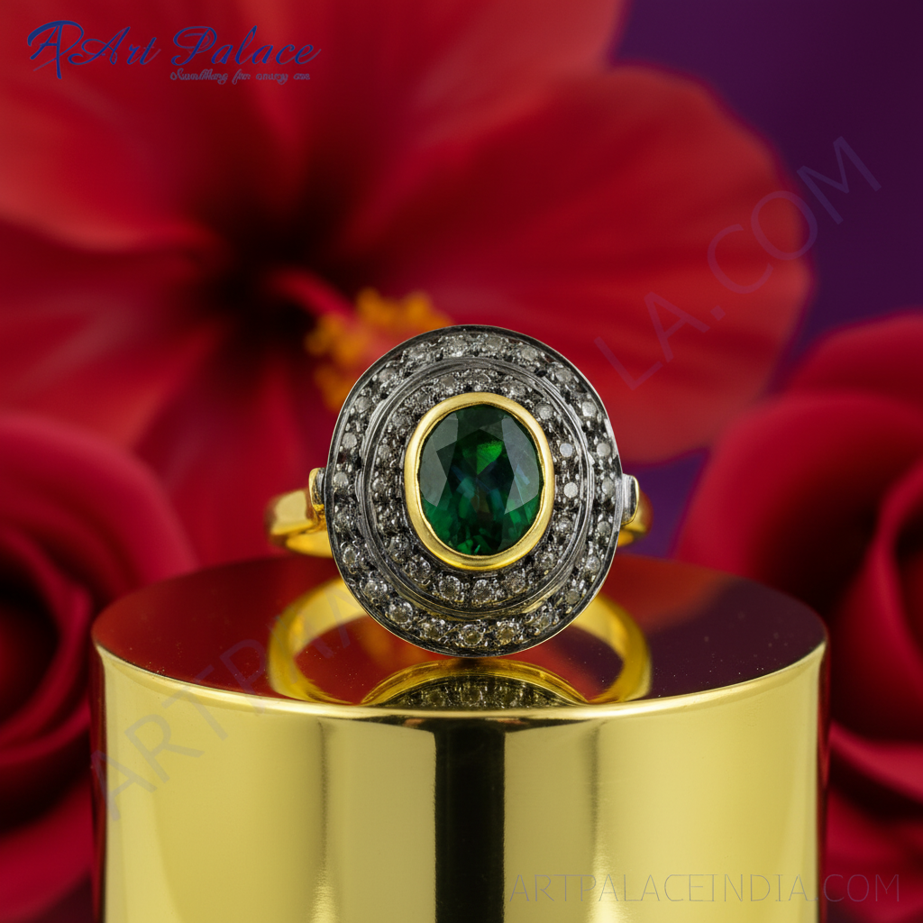 gold plating Ring with Emerald & Diamond Accents | Women's Ring