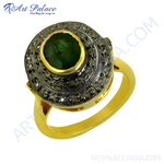 Load image into Gallery viewer, gold plating ring featuring a central emerald gemstone surrounded by diamond accents.
