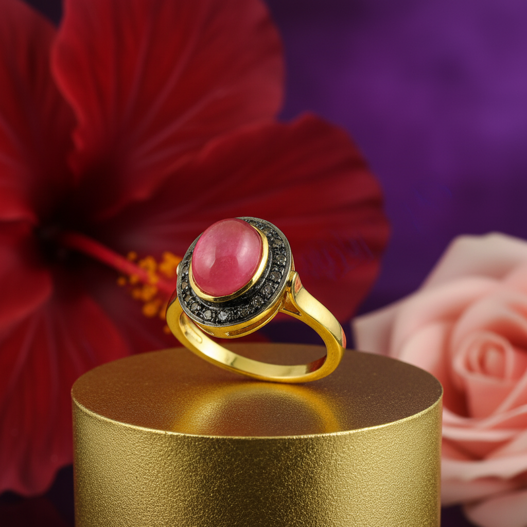 Gold plating ring with pink gemstone for women | statement jewelry