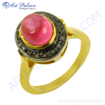 Load image into Gallery viewer, gold plating ring with a large pink gemstone and a halo of smaller stones, perfect for elegant wear.
