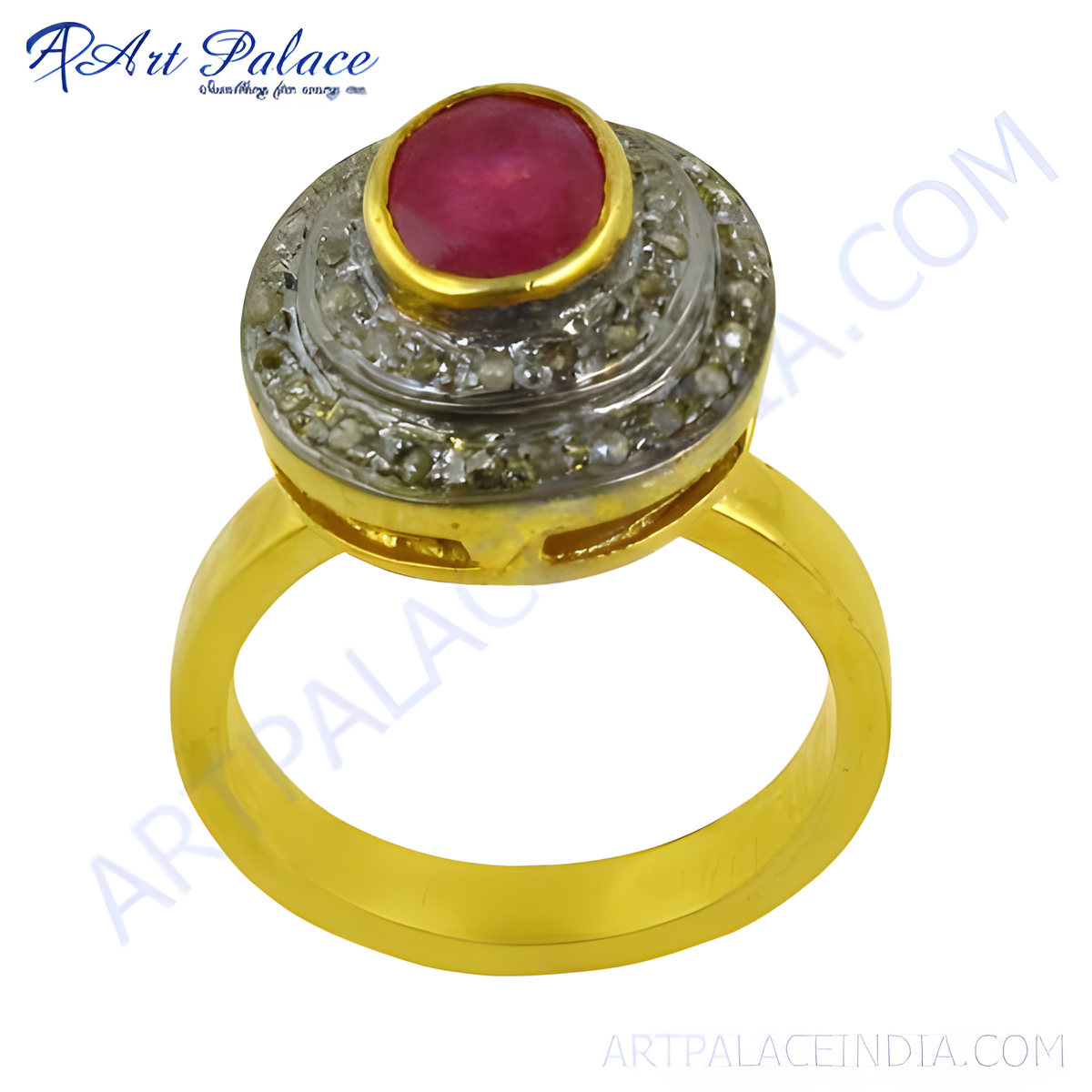 Gold ring with a red ruby gemstone and diamond accents, luxury jewelry, women's ring