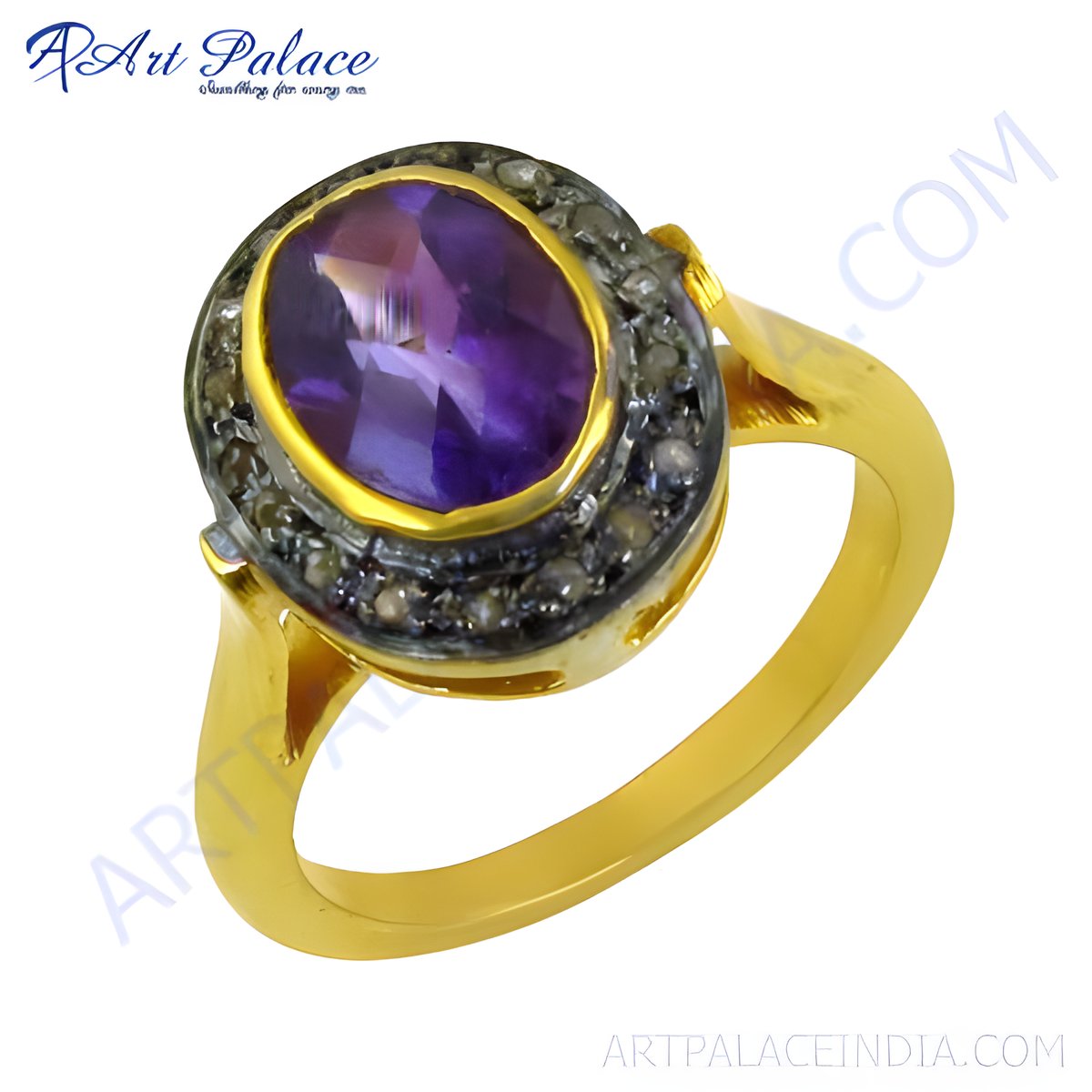 Gold plating ring with oval cut purple amethyst gemstone and diamond accents