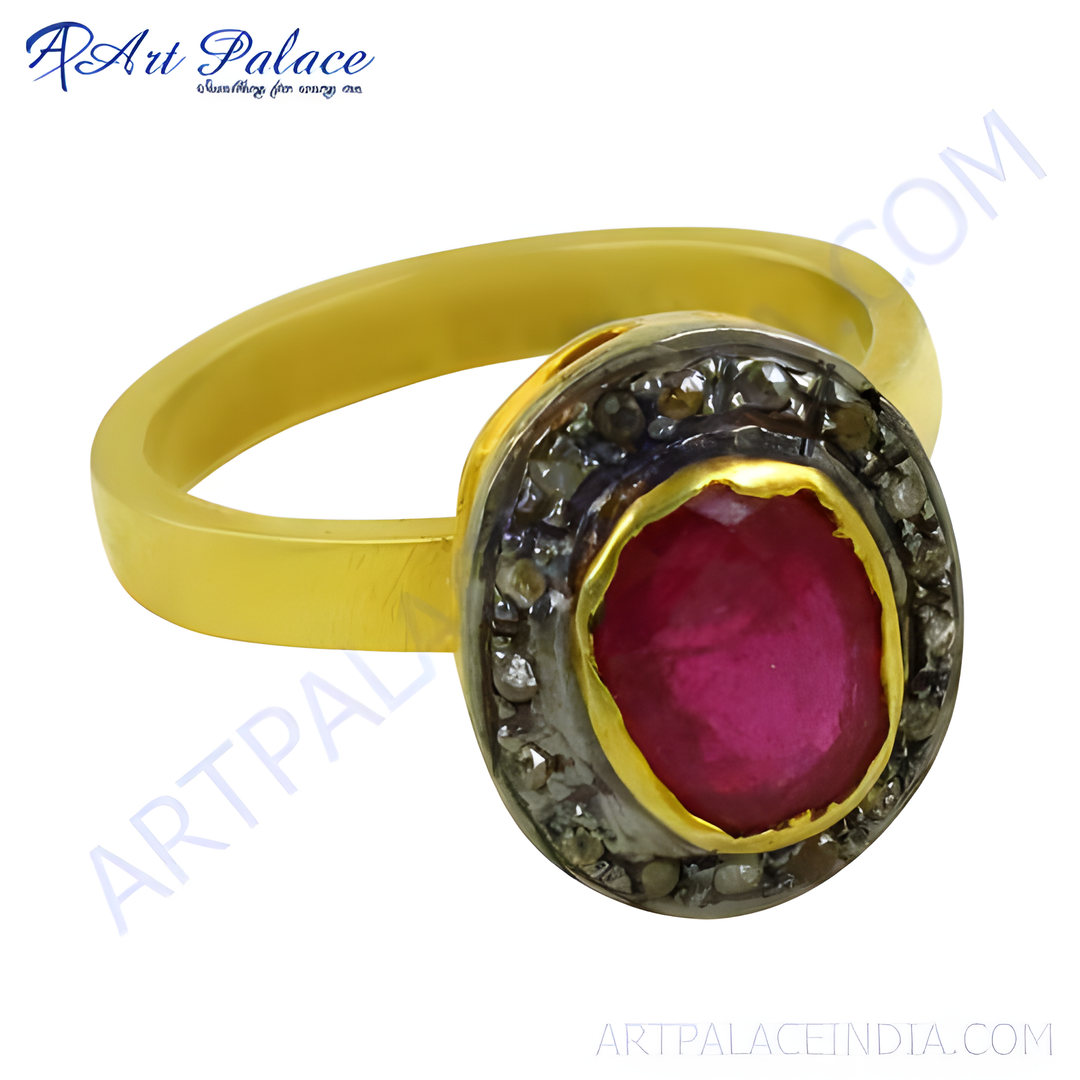 gold plating-plated ruby and diamond ring for women. Featuring a large oval-cut ruby gemstone with diamond accents.