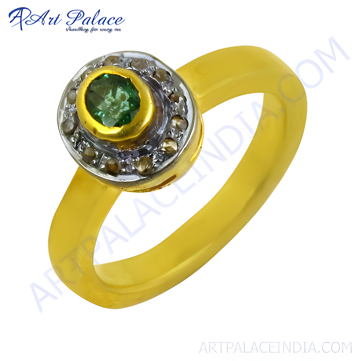 Gold plating ring with a green emerald gemstone center and diamond halo, a beautiful piece of fine jewelry