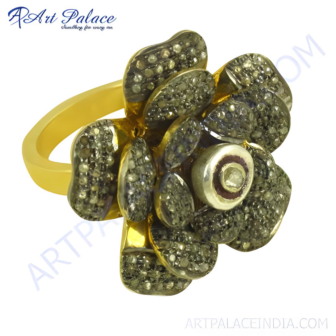 gold plating flower ring with diamonds. The ring features a detailed flower design and diamond embellishments.