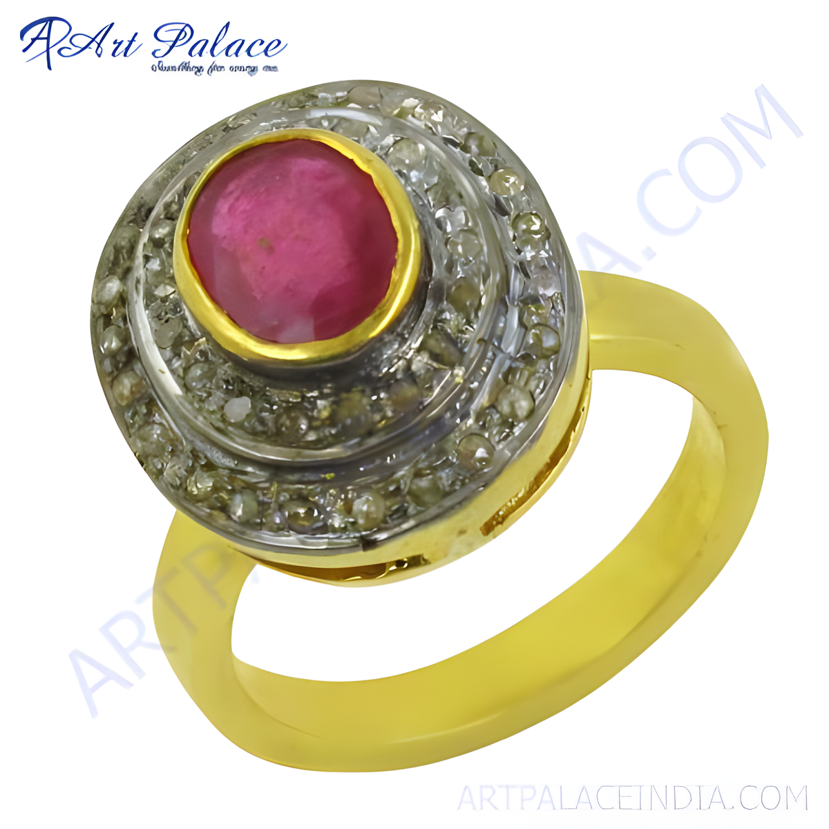 Gold plated ring with a central ruby gemstone and diamond halo design, perfect for gifting