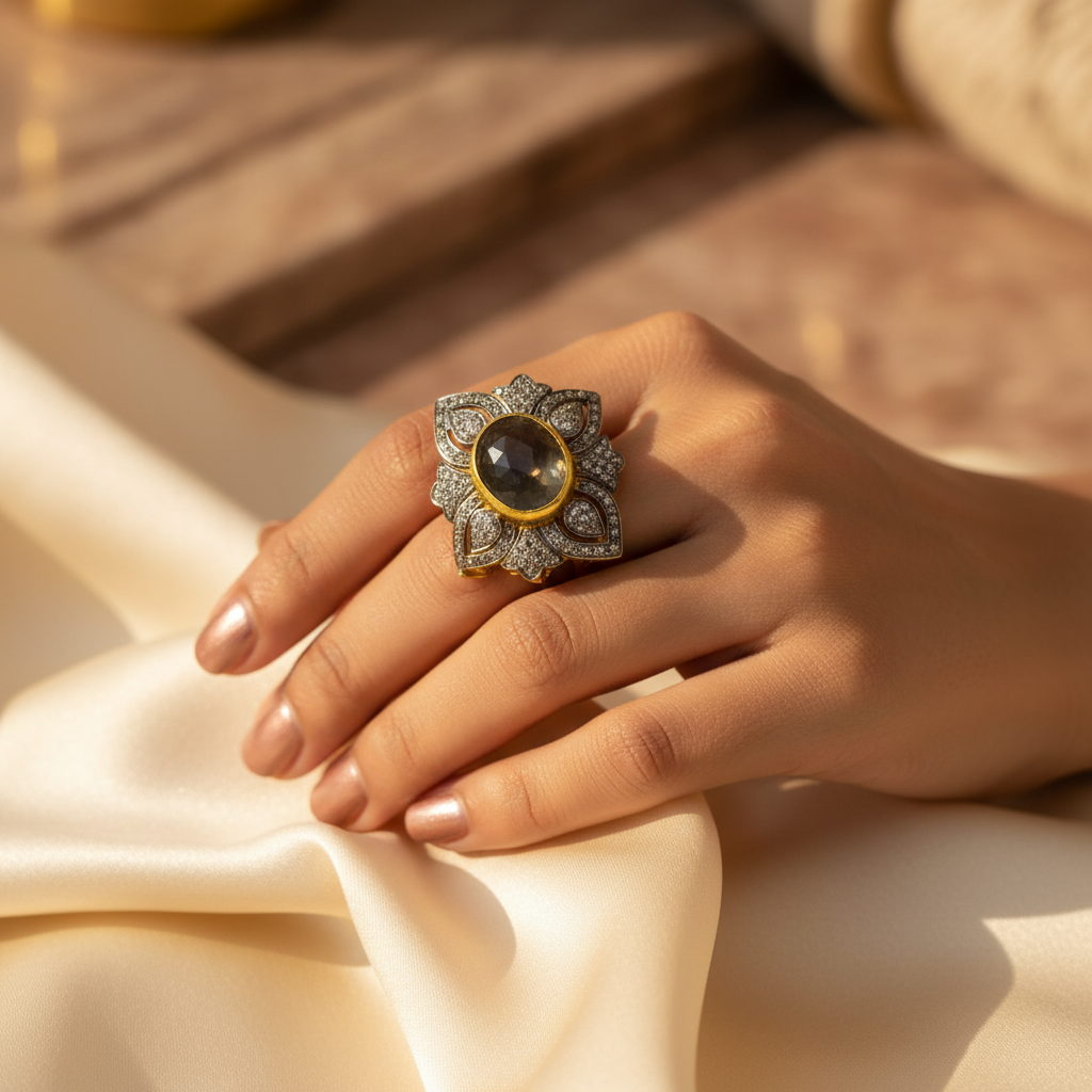 镶嵌宝石和钻石的黄金戒指 | 女士戒指