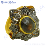 将图像加载到图库查看器中， gold plating ring with a large central gemstone surrounded by diamond accents.
