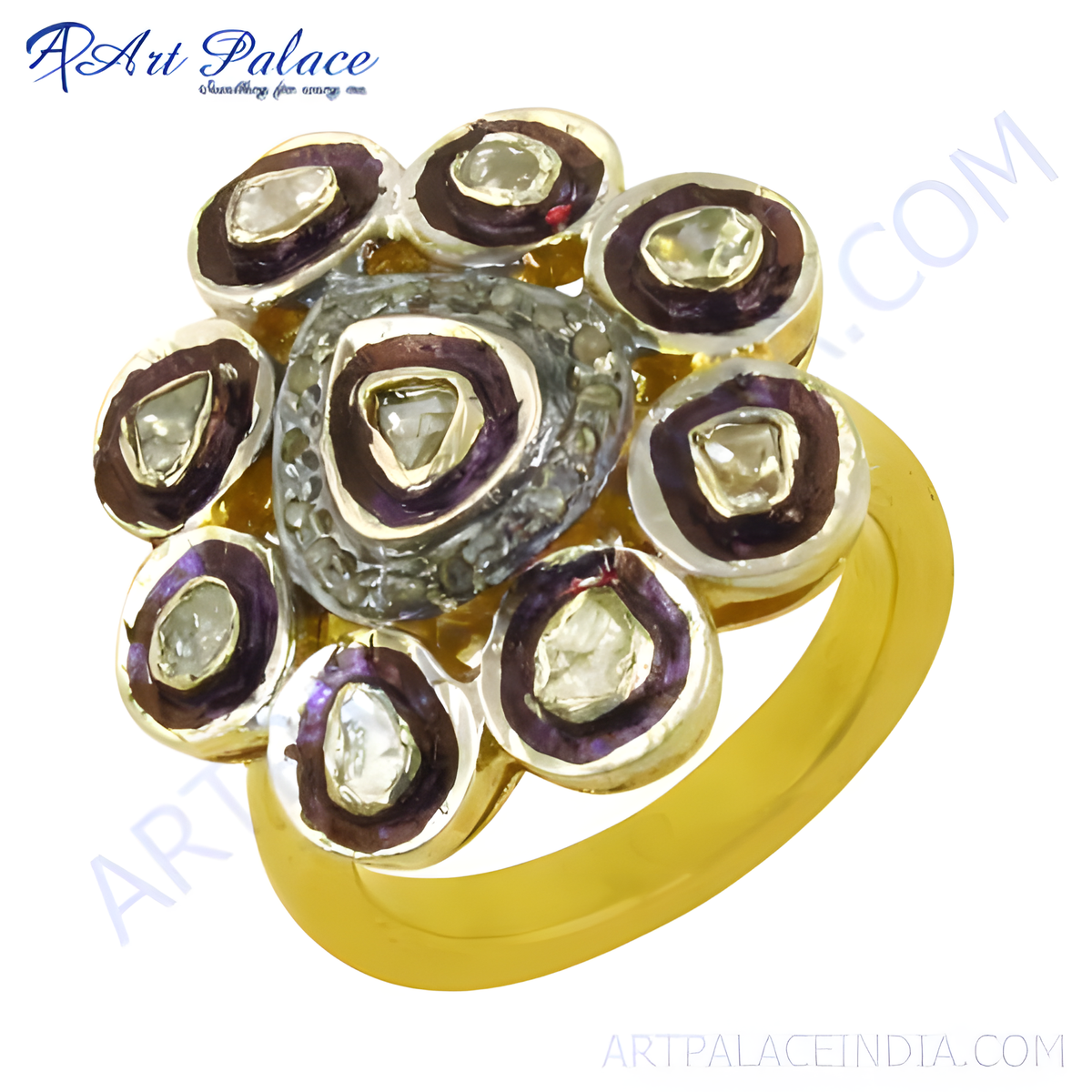 Gold plating ring with a diamond cluster design featuring a central diamond and surrounding smaller diamonds