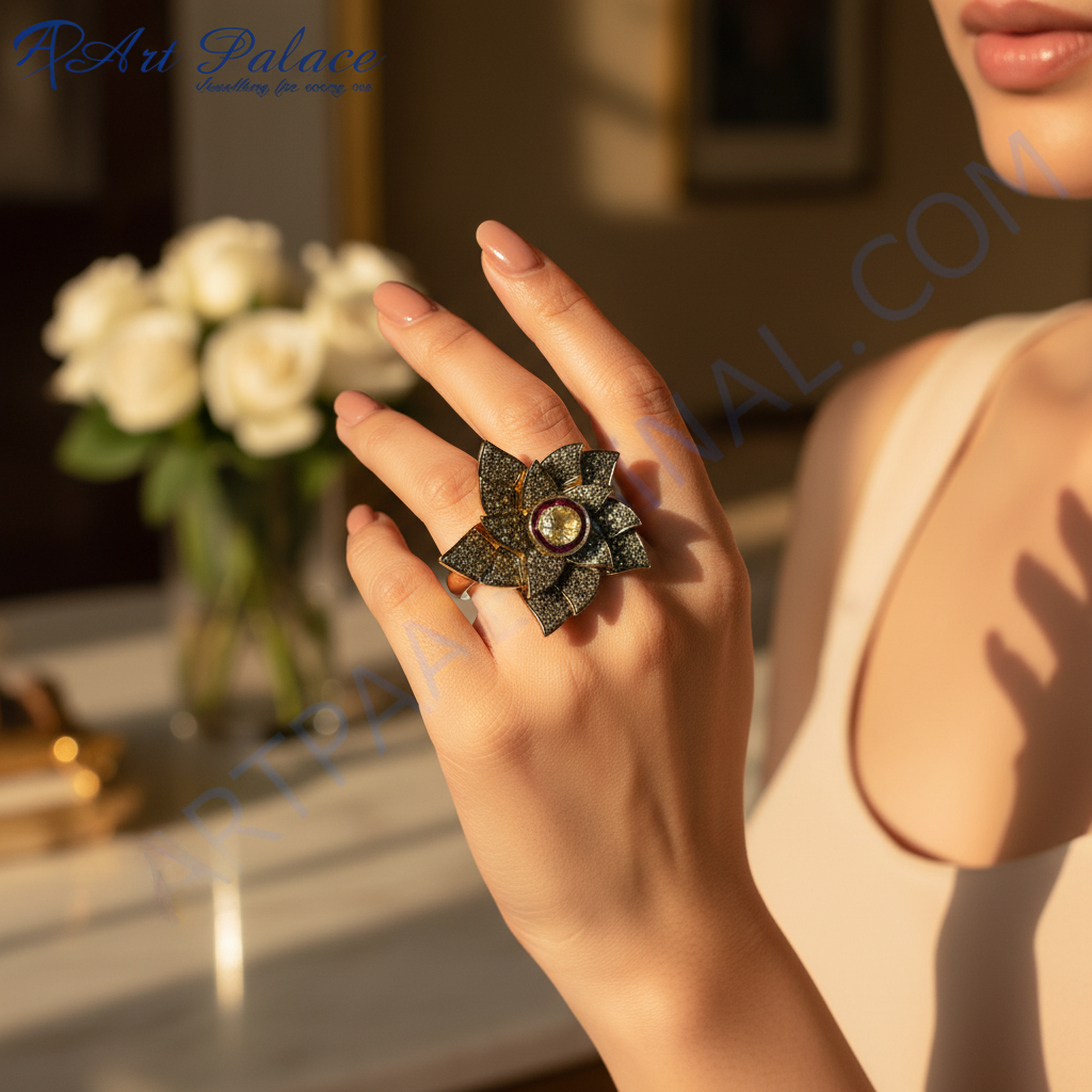 gold plating Flower Ring with Diamonds | Luxury Women's Jewelry