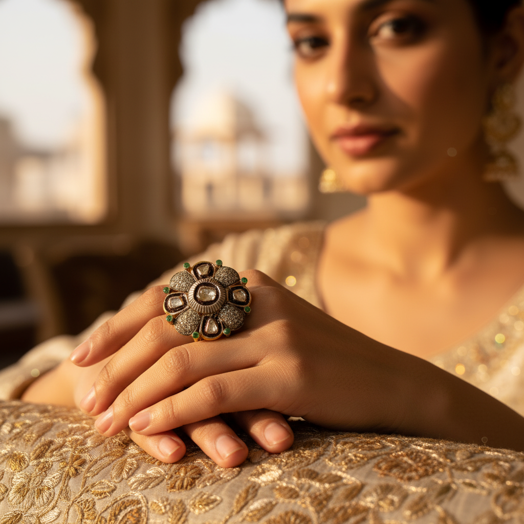 gold plating Ring with Diamonds & Emeralds for Women | Floral Design