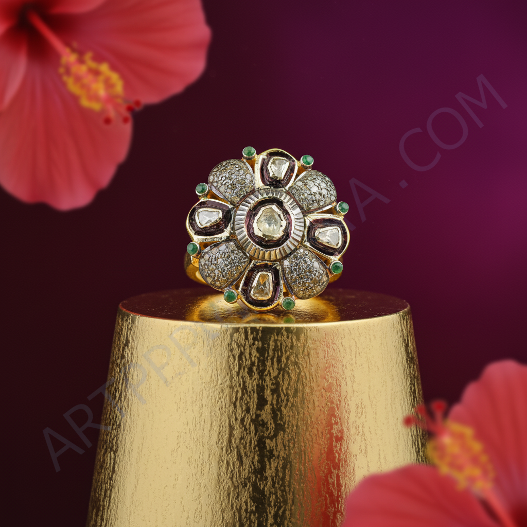 gold plating Ring with Diamonds & Emeralds for Women | Floral Design