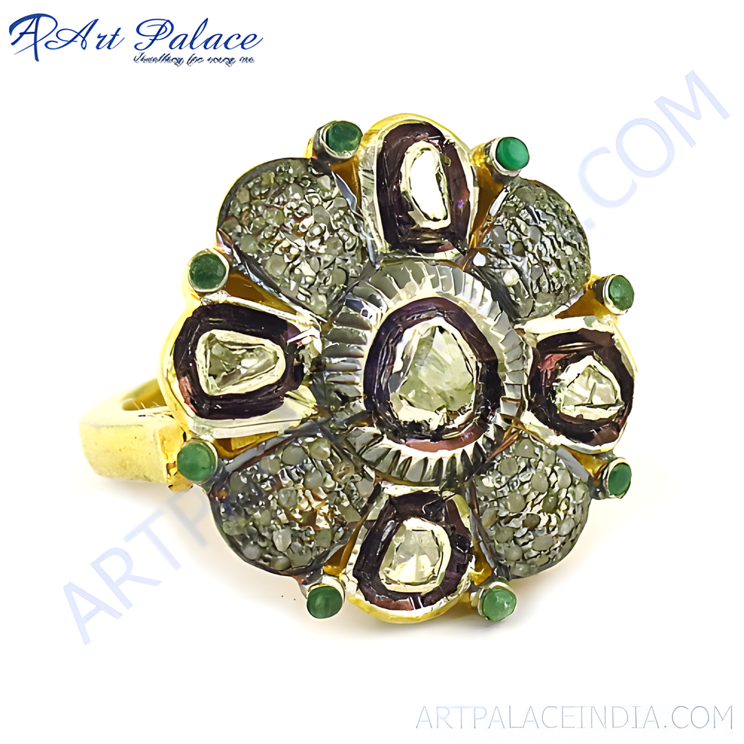gold plating floral ring with diamonds and green emeralds, a beautiful cocktail ring.