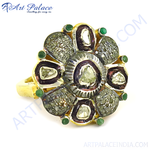 Load image into Gallery viewer, gold plating floral ring with diamonds and green emeralds, a beautiful cocktail ring.
