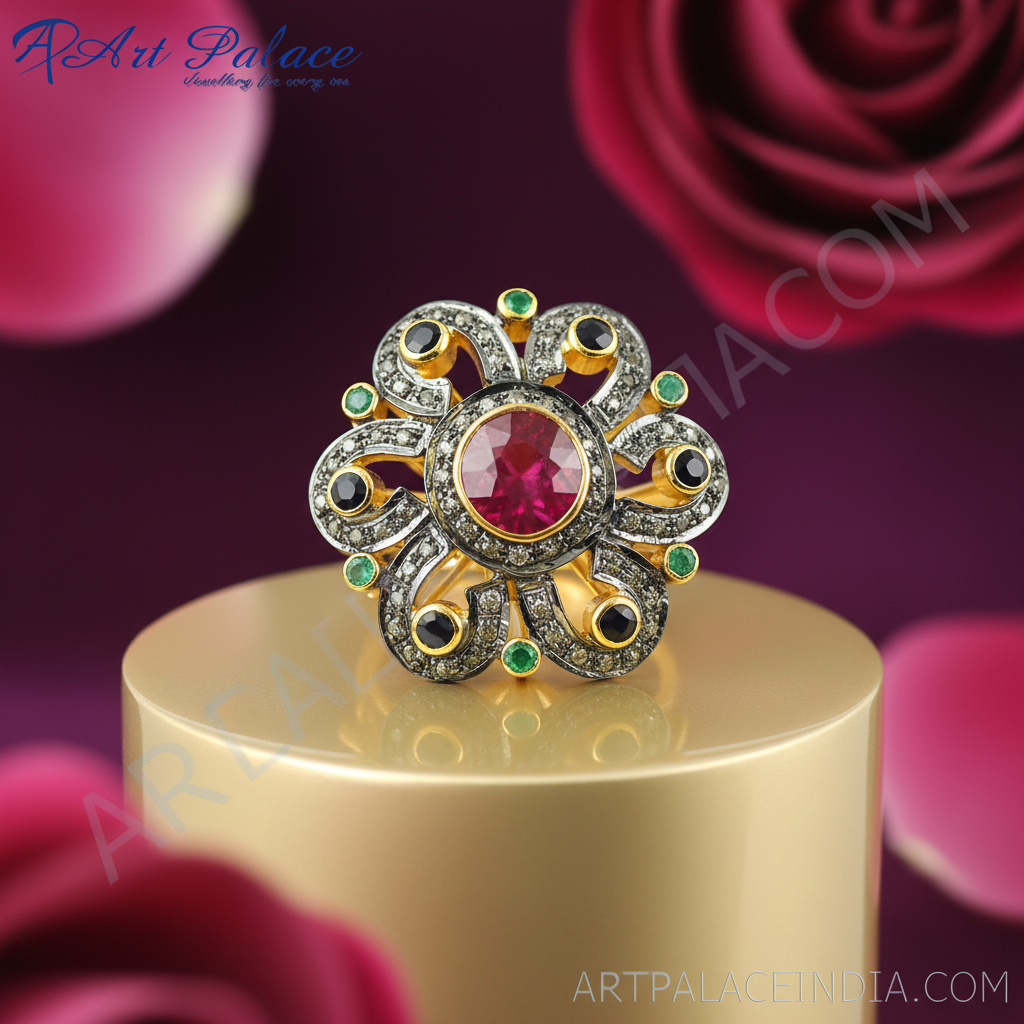 Ruby & Emerald Ring | 18K Gold Plated Flower Ring for Women