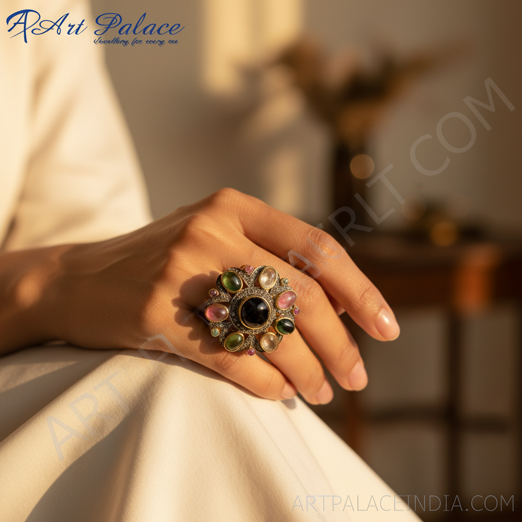 Multi Gemstone Ring | gold plating Plated Tourmaline Ring for Women