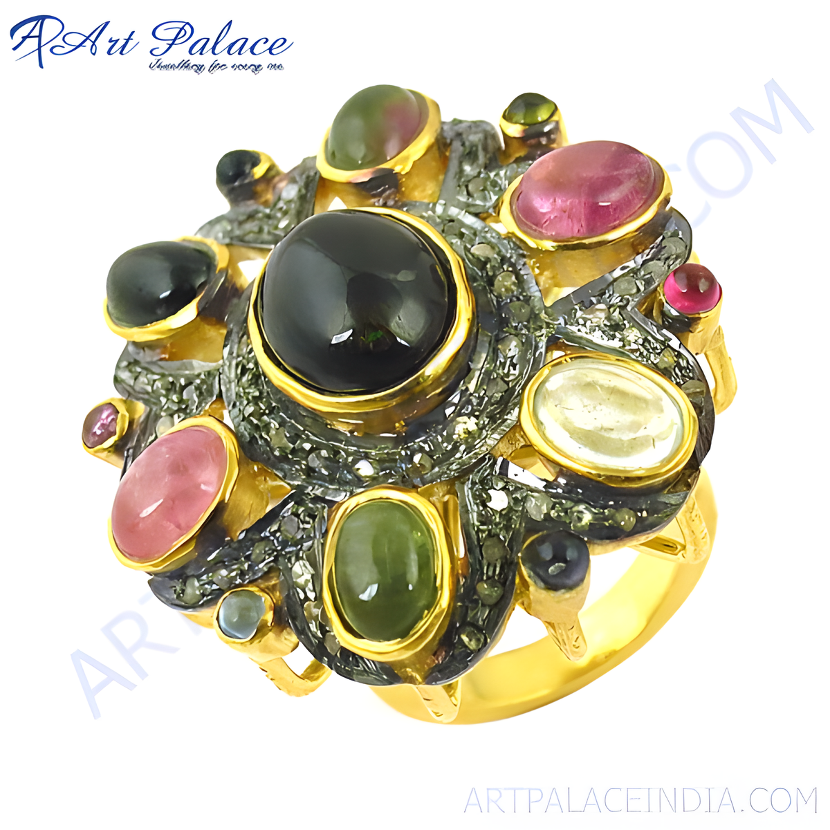 Gold plated multi gemstone ring with tourmaline and other colorful gemstones on a white background