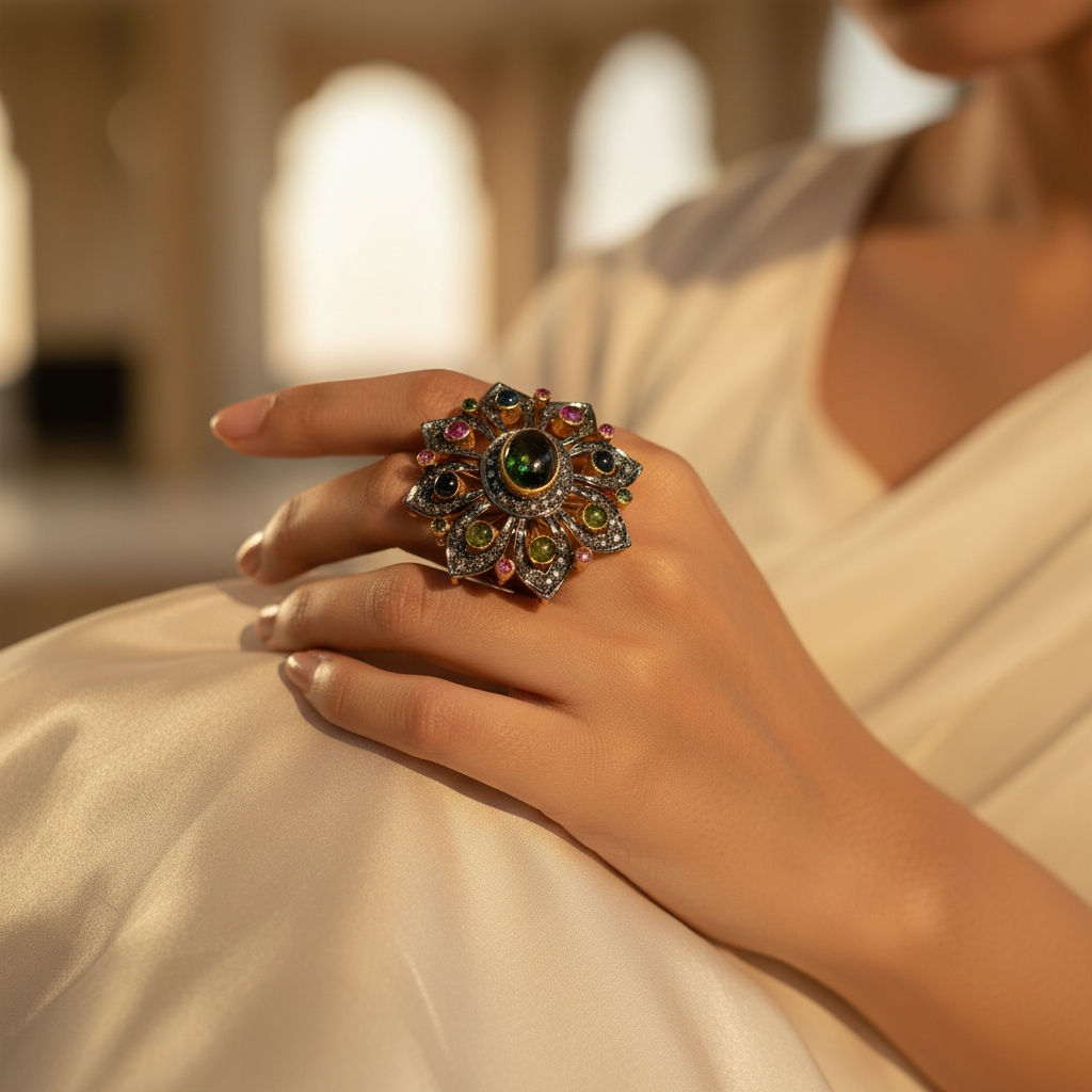 Anillo floral con piedras preciosas | Joyería de moda para mujer