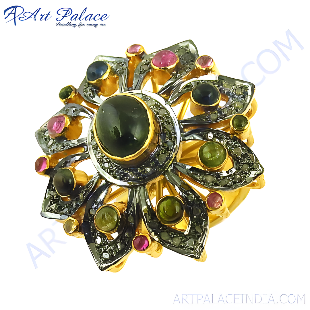 gold plating-tone floral ring with a dark green gemstone center and colorful surrounding stones.
